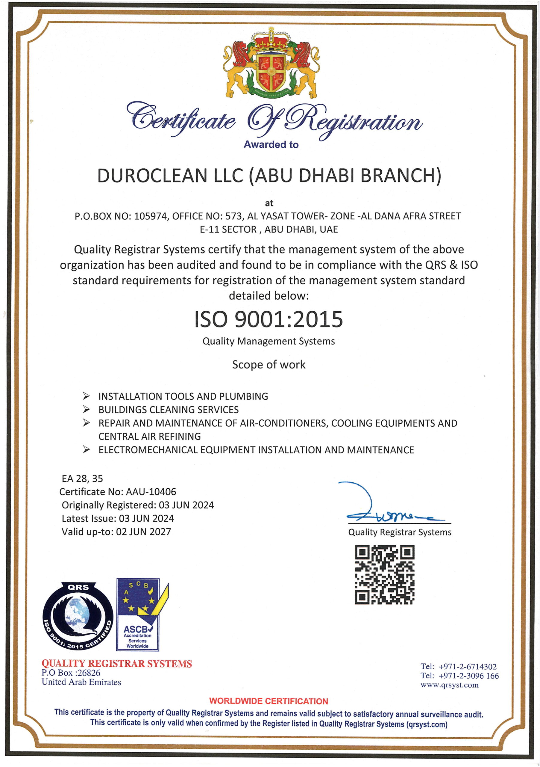 ISO certificate for Duroclean