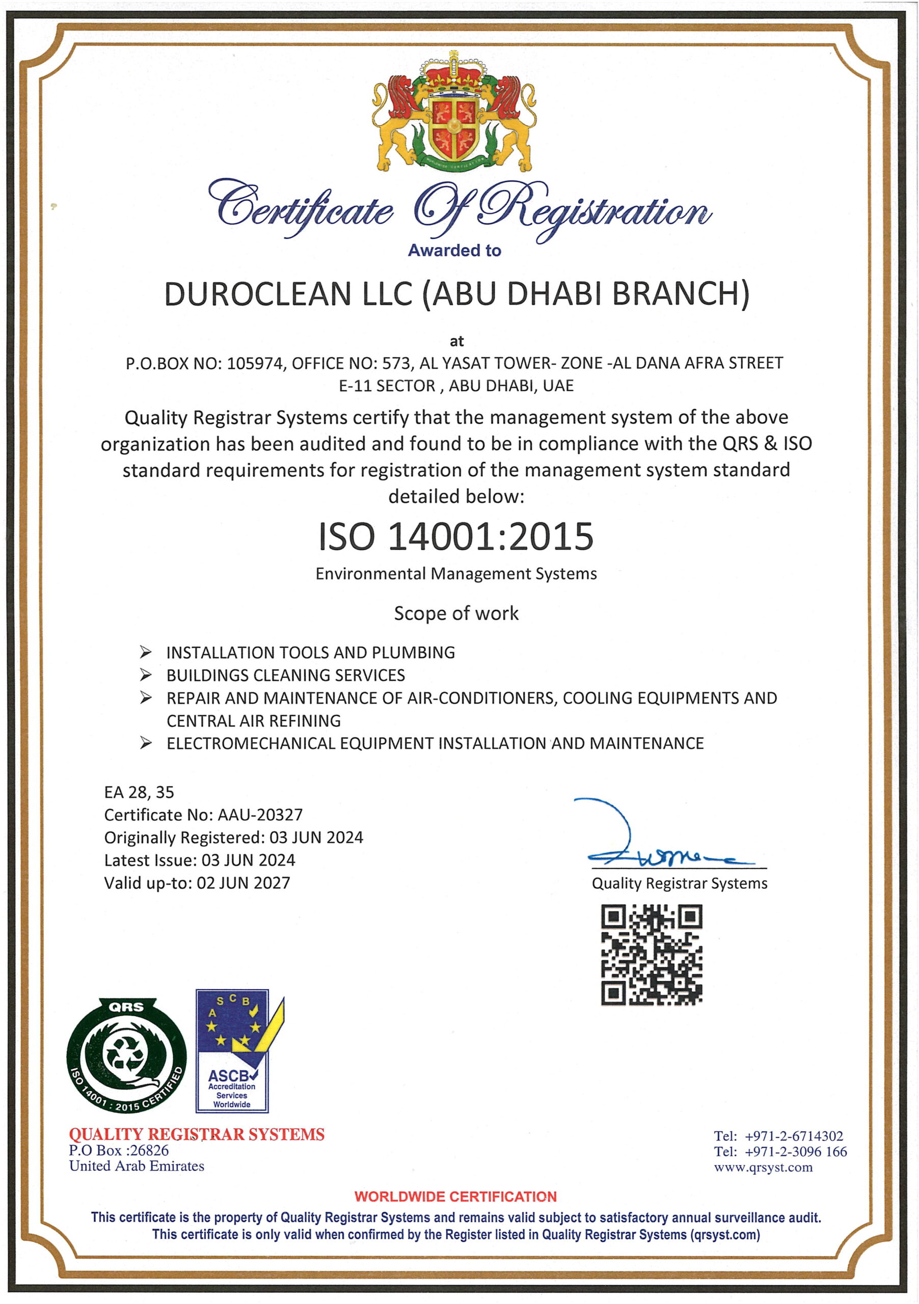 ISO 14001 certificate for Duroclean
