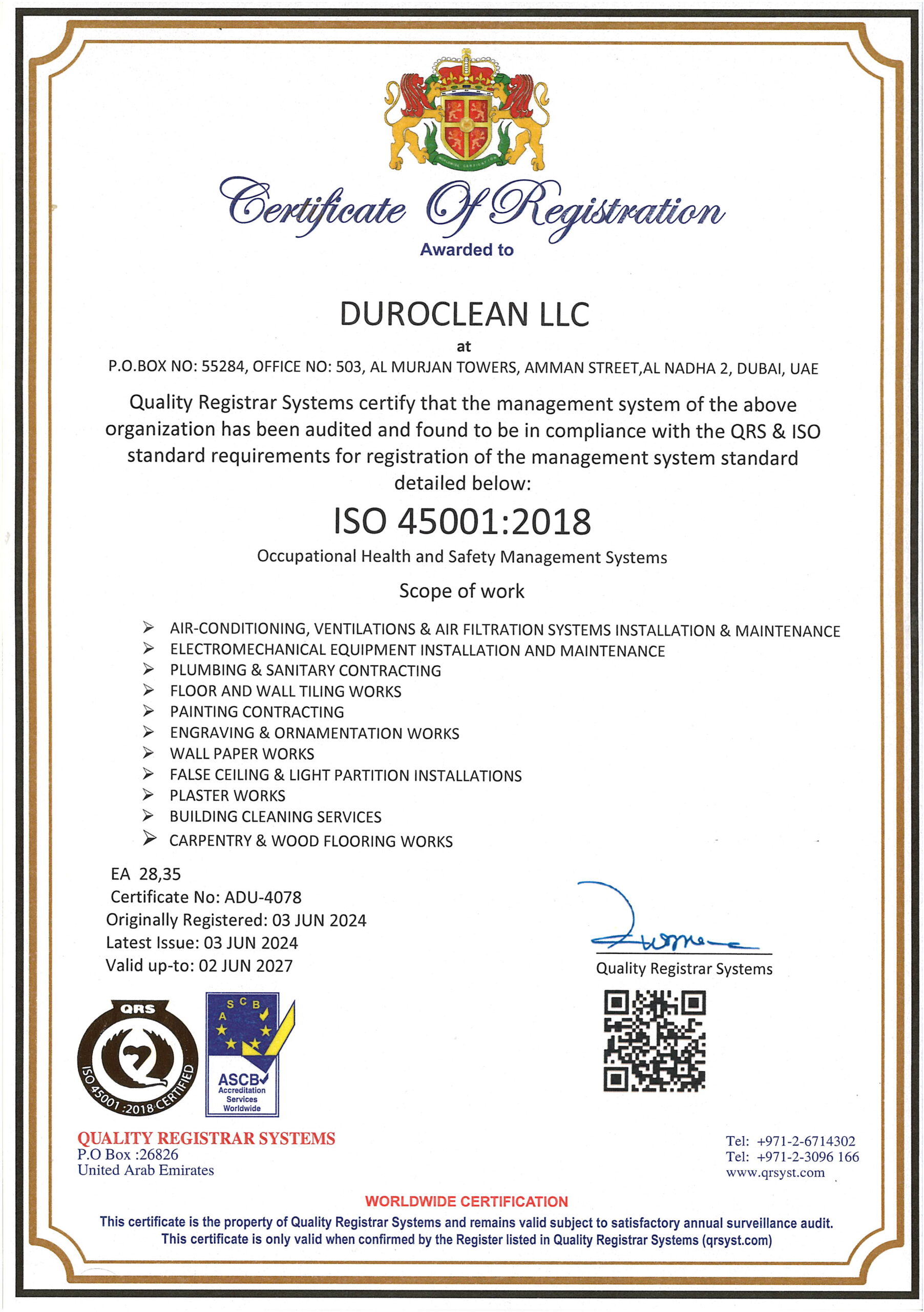 Duroclean certificate