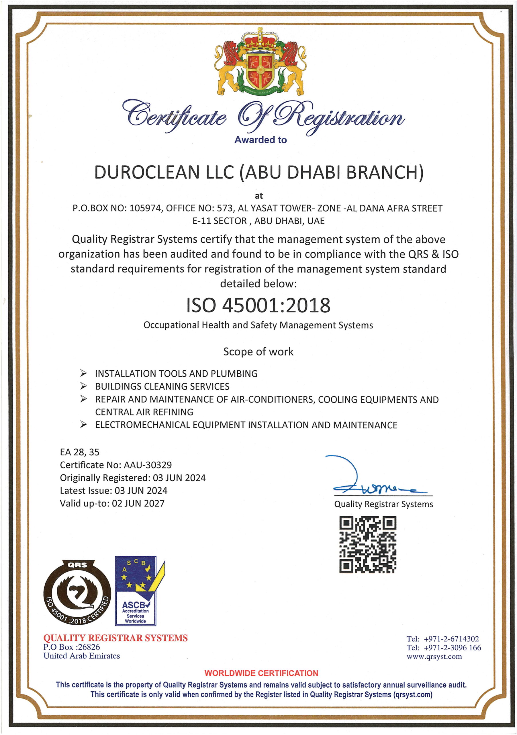 Duroclean certificate