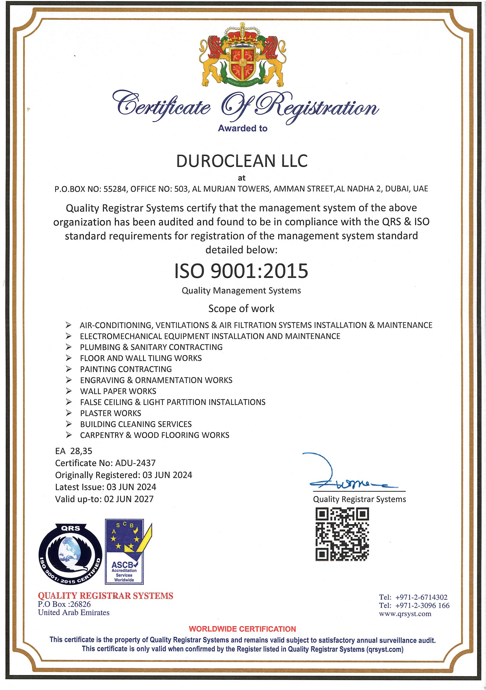 ISO 9001 certificate for Duroclean