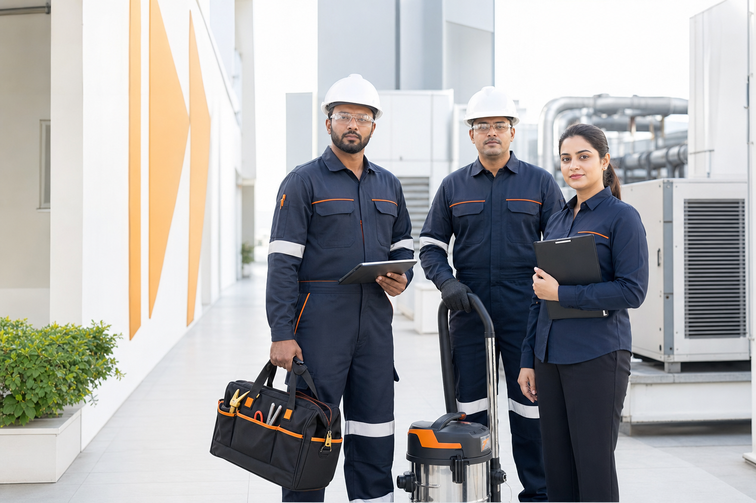 DUROCLEAN uniformed facilities team with HVAC and cleaning equipment
